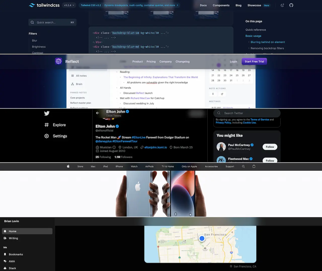 Screenshots from tailwindcss.com, reflect.app, twitter.com, apple.com and brianlovin.com showing their 'frosted glass' top nav bars
